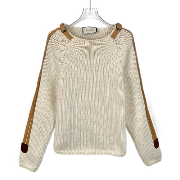 Gucci Beige Leather-Panel Wool Long Sleeve Knit Sweater
